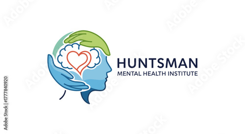 Vector  illustration of a human head profile with a heart and hands representing mental health support