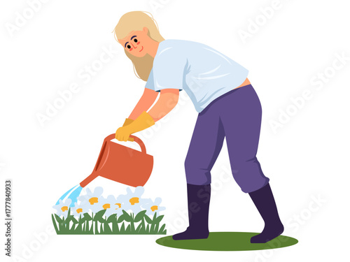 Female gardener watering blooming flowers from a red can, cartoon style on white background. Concept of gardening care. Vector illustration
