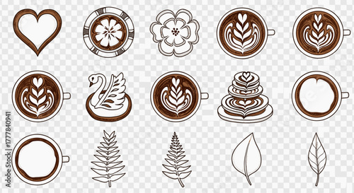 Vector  illustration showcasing various latte art designs including hearts flowers and swan shapes in coffee cups
