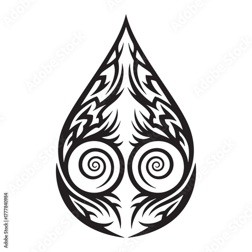 Bold tribal teardrop vector design with symmetrical spirals and sharp flame-like patterns. Perfect for tattoo art, ethnic designs, abstract logos, or decorative graphic elements. High-quality black 