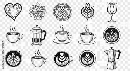 Vector  illustration of various coffee related images including cups, pots, and latte art designs