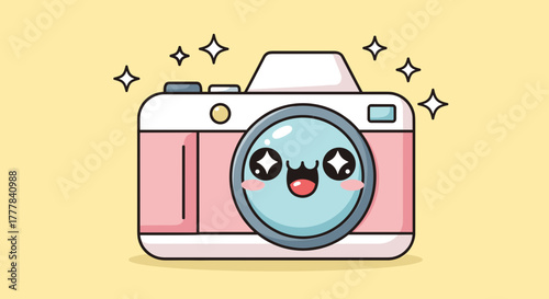 Vector  illustration of a pink and cream kawaii camera with a happy face and sparkling stars around it
