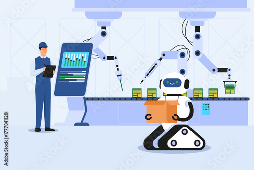 Robot and human operator working on a smart automated assembly line in a modern factory, flat style, with a light industrial background. Vector illustration