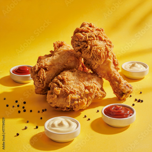 Golden Fried Chicken with Dipping Sauces and Pepper Delicious Poultry Meal Dinner Lunch Fastfood Takeout Comfortfood Gourmet Recipe
