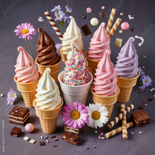 Colorful Ice Cream Cones Assortment with Toppings and Flowers Variety of Flavors Summer Desserts Sweet Treats Frozen Goodness Fun and Festive Display