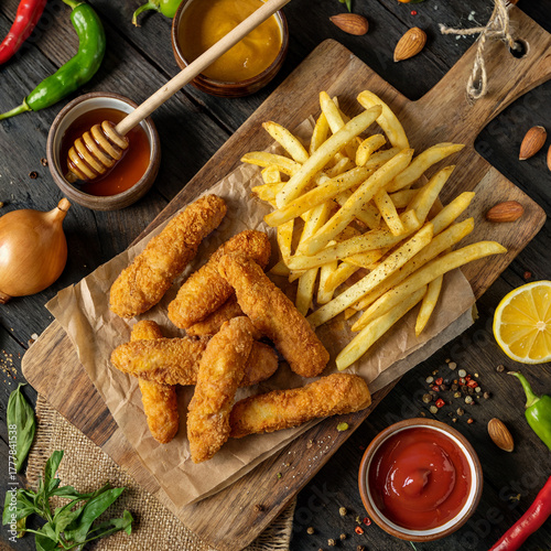 Golden Fried Chicken Strips Served with French Fries Delicious Meal on Wooden Board Tabletop Gourmet Fast Food