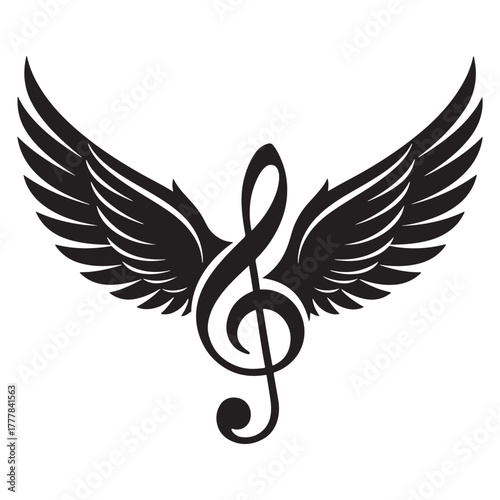 Stylish treble clef with wings vector illustration representing musical freedom and creativity. Perfect for tattoo art, music logos, band graphics, concert posters, and artistic design projects.