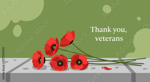 Poppy flowers with "Thank you, veterans" message for Remembrance Day, ideal for commemorative materials and educational content honoring veterans
