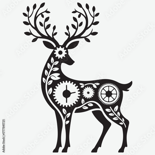 Steampunk Deer Silhouette with Gears and Leaves