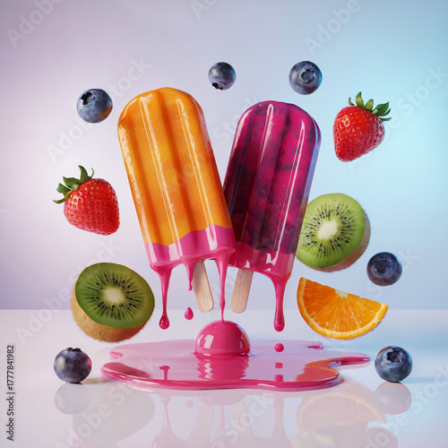 Colorful Fruit Popsicles with Strawberry Kiwi Blueberry and Orange. Summer Frozen Treats on White Background