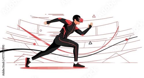 Vector illustration of a man running with VR glasses in a futuristic racing game setting