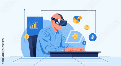 Virtual reality experience in business with financial charts and data analysis tools