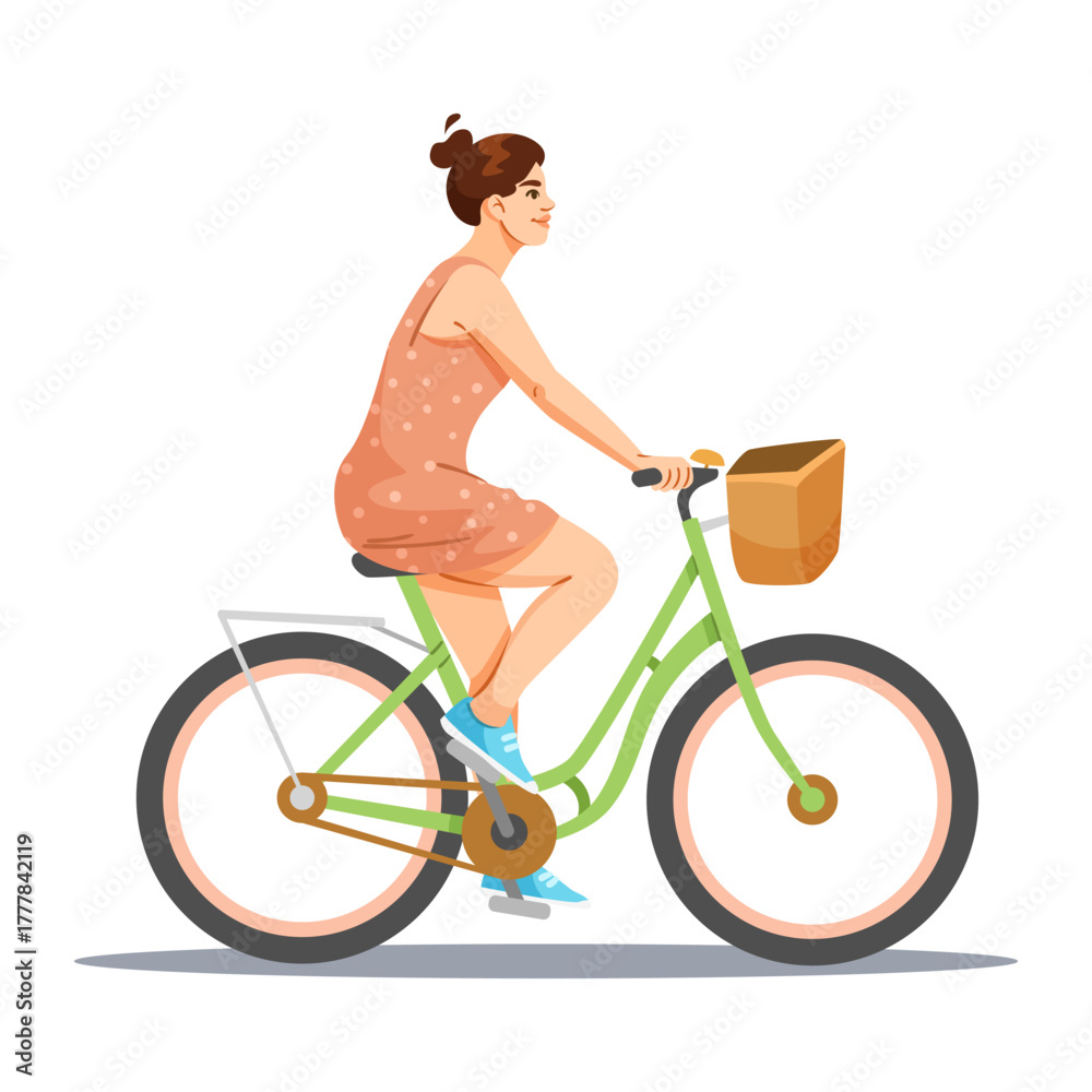 Fototapeta premium Woman with brown hair in bun pedaling green bicycle with basket, wearing pink dress and sneakers, on white background. Vector illustration