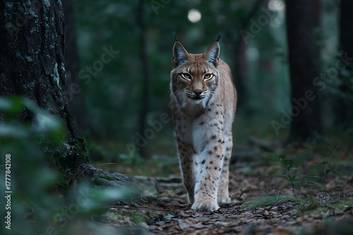 Wild Eurasian lynx with piercing yellow eyes walking directly towards the viewer in a dark forest