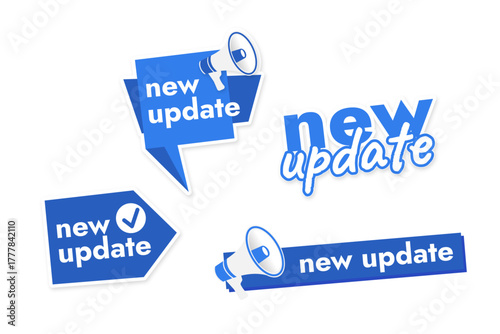 A set of blue stickers for the new update with a megaphone