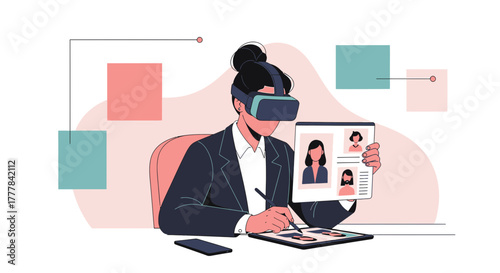 Woman in VR headset working on a design project with user interface in virtual reality environment