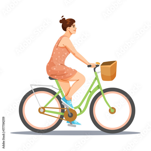 Woman with brown hair in bun pedaling green bicycle with basket, wearing pink dress and sneakers, on white background. Vector illustration