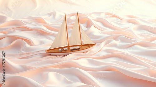 Fototapeta Naklejka Na Ścianę i Meble -  Sailboat sailing on a sea of flowing, creamy white fabric, creating a dreamlike scene