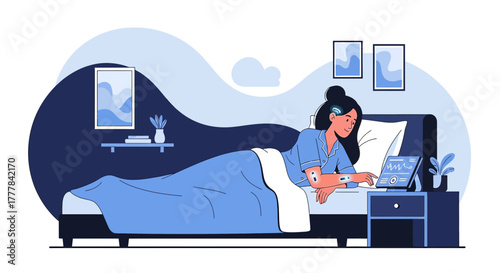 Woman monitoring health data with wearable technology while relaxing in bedroom scene