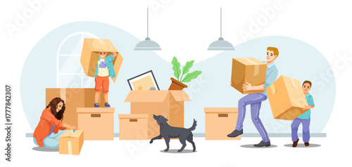 Family packing and carrying cardboard boxes with playful dog and children at home, flat graphic style, indoor background. Concept of relocation. Vector illustration