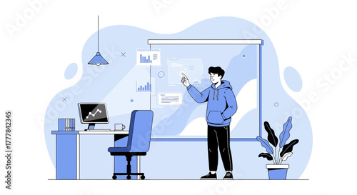 Young professional analyzing data on an interactive display in a modern office setting showcasing