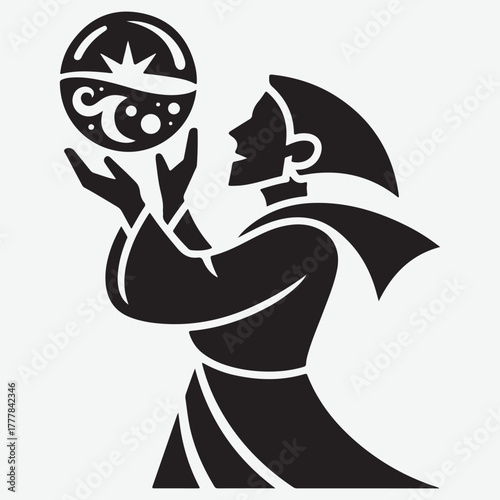 Stylized figure in black silhouette holding a celestial orb with sun and moon