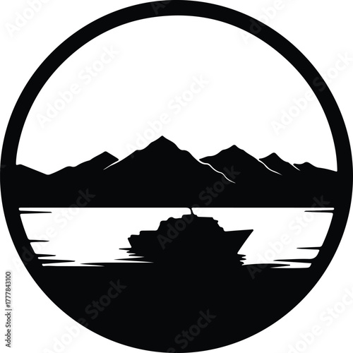 Vector cruise ship sailing on lake against mountain landscape silhouette illustration