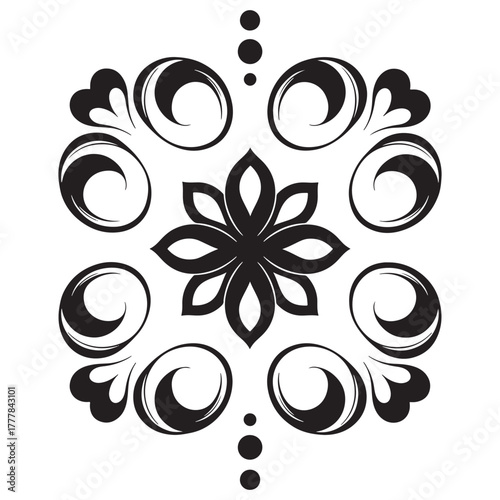 Elegant floral mandala ornament vector featuring symmetrical petal shapes and swirl patterns. Perfect for decorative art, tattoo design, pattern creation, invitation cards, and modern minimalist