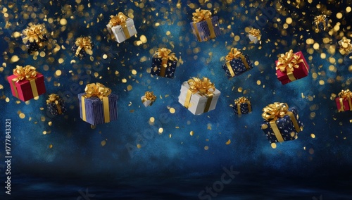 Many blue and gold wrapped xmas gifts and presents falling from above amidst a shower of gold confetti and ribbons against a vibrant blue christmas  background