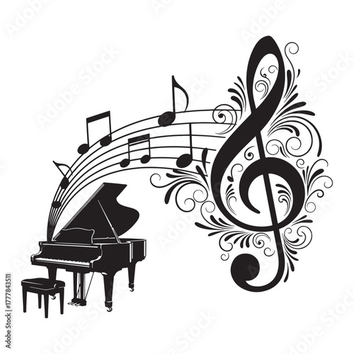 Stylish black and white vector illustration of a grand piano with flowing musical notes and a decorative treble clef design. Perfect for music posters, event flyers, invitations, wall art, album cover