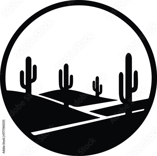 Vector desert landscape with cacti in circle frame silhouette illustration