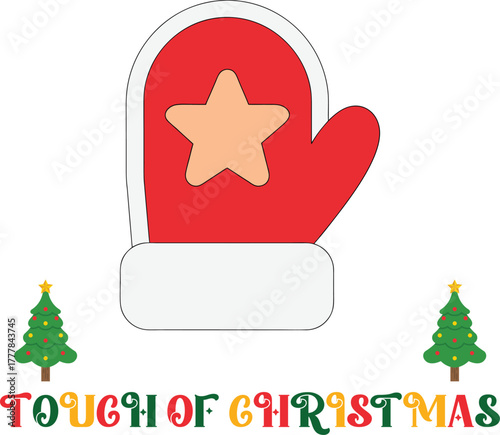 Cartoon red mitten with star Christmas trees text glove holiday