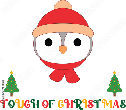 Cute cartoon owl wearing a red Santa hat scarf with Christmas trees bird character
