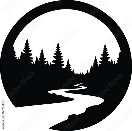 Vector forest landscape with river in circle frame silhouette illustration