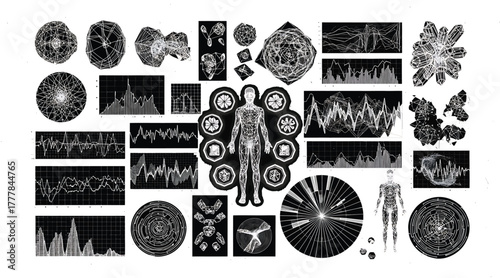 Abstract futuristic interface with human body scan, displaying vital signs, diagnostics, and data analysis, creating a hightech and advanced representation of technology