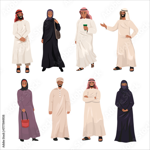 Group of Arab men and women in traditional clothing, cartoon style, on white background. Concept of Middle Eastern culture. Vector illustration