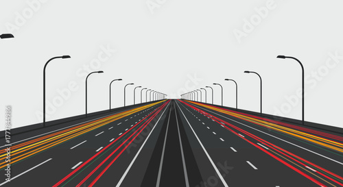 Highway perspective with light trails and street lamps at dusk.