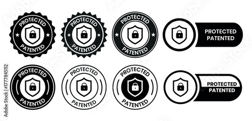 Patented Protected, Technology, Intellectual Property, Patent Applied logo, badge, icon, sticker, label, emblem, stamp, symbol, black, line circle, flat vector, isolated illustration.