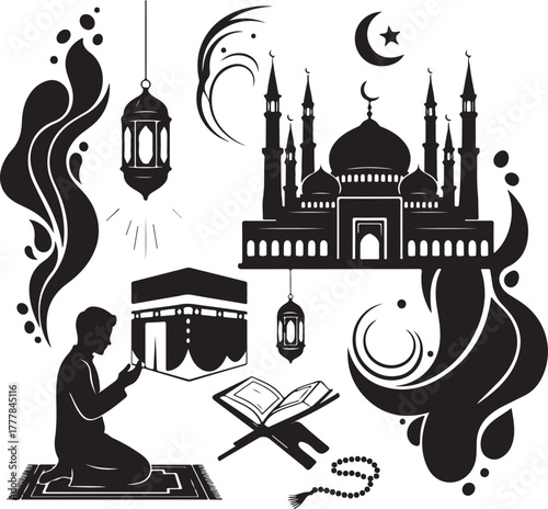 Islamic Art Vector Illustration with Mosque Kaaba Quran and Prayer Silhouette