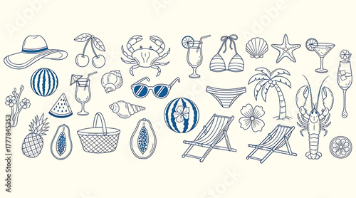 Summer beach vacation elements isolated on white background, featuring beach accessories, cocktails, and sea creatures, evoking a sense of relaxation and tropical getaway vibes