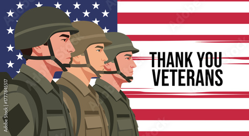 Line of soldiers with "Thank you veterans" message against American flag backdrop, perfect for Veterans Day promotions and educational resources