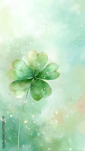 Watercolor Painting of Four-Leaf Clover with Soft Bokeh and Pastel Green Background