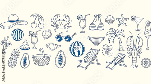 Summer beach vacation elements isolated on white background, featuring beach accessories, cocktails, and sea creatures, evoking a sense of relaxation and tropical getaway vibes
