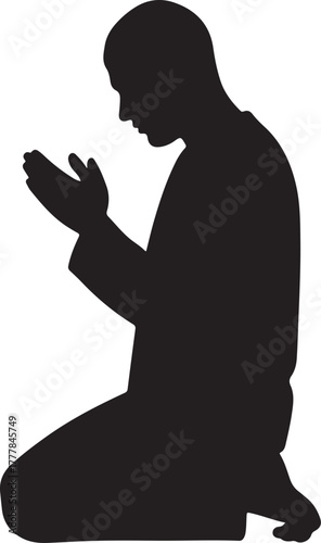Silhouette of Muslim man praying on his knees with faith