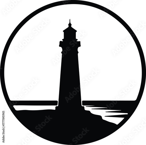 Vector lighthouse in circle coastal navigation safety silhouette illustration