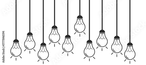 Hanging light bulb set.  Flat style. Vector illustration. Decorative wire balls and string lights or Christmas and New Year cotton ball light garland.