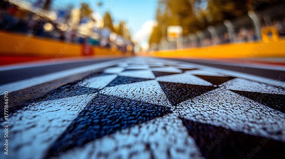 Naklejka premium Checkered finish line on race track.