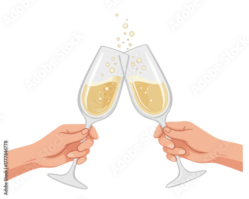 Champagne toast clink vector illustration, celebration cheers moment. Raise glass to success. Alcohol glasses clinking. Party, event, friendship, congratulation, partnership graphic element
