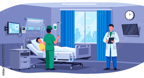 Doctor and nurse tending to patient in hospital room with medical equipment