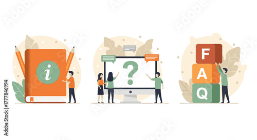 Frequently asked questions and information concept with people interacting with a book, computer, and blocks
